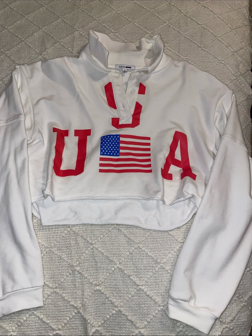 Fashion Nova White Cropped USA Sweatshirt with Red Lettering and Blue Flag